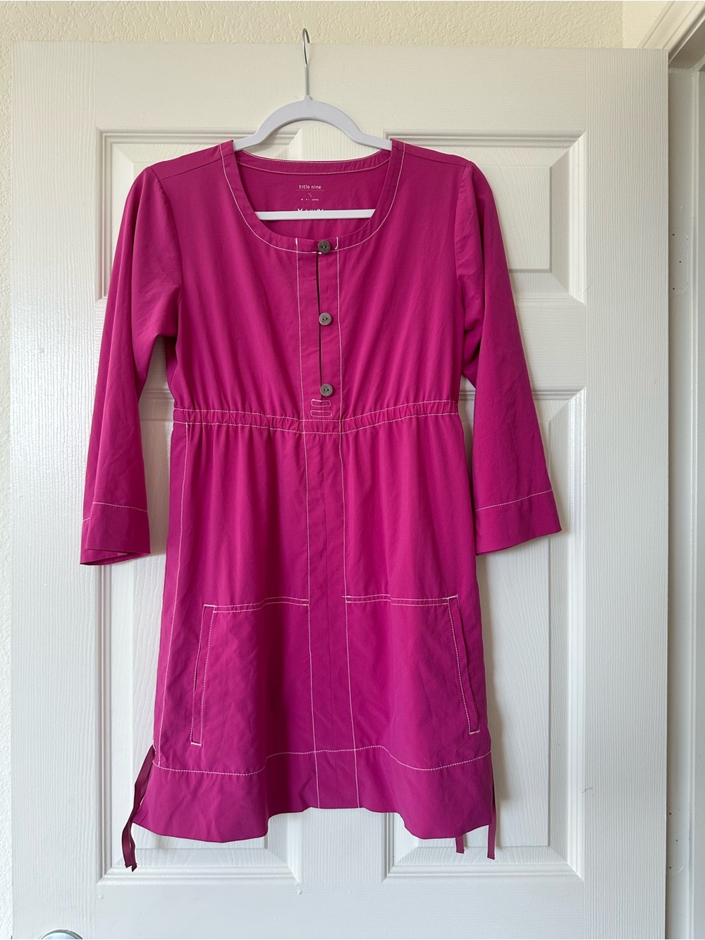 Title Nine Beach Dress Coverup Fuchsia Hot Pink Stitching Cinch Waist 3/4 Sleeve